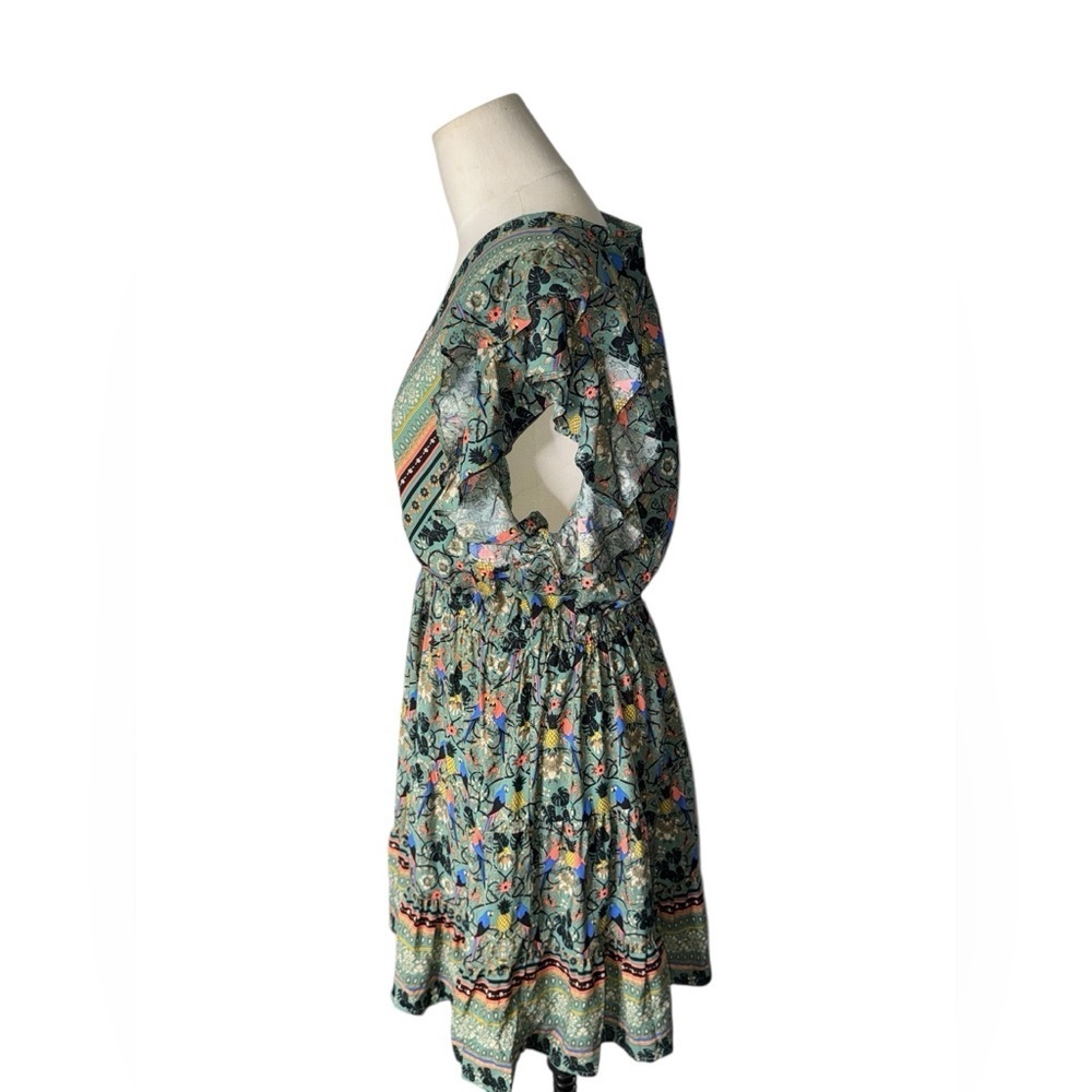 ICÔNE par‎ Simons Boho Floral Mini Dress – Ruffle Sleeve V-Neck Wrap Style - Picture 5 of 5